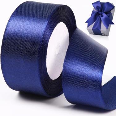 Imagem de PECMER Fita de cetim azul marinho 3,8 cm - rolo de fita de tecido sólido azul escuro para decoração de casamento acessórios de buquê de embrulho de presente de Natal artesanato de costura de cabelo