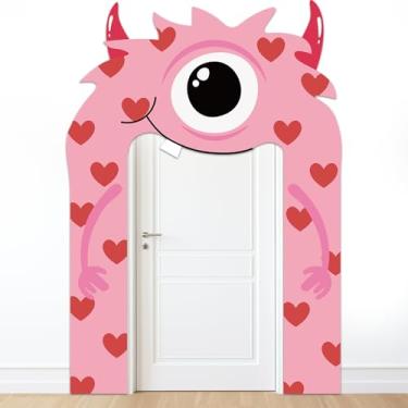 Imagem de 3 peças decoração de porta monstro dia dos namorados rosa monstro amor coração bandeira bonito desenho animado varanda banner sinais de dia dos namorados pendurado pano de fundo para casa escola festa