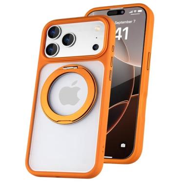 Imagem de Capa com suporte magnético giratório 360 para iPhone 17 Pro (compatível com MagSafe) [proteção militar contra quedas] Capa protetora fosca translúcida à prova de choque, laranja