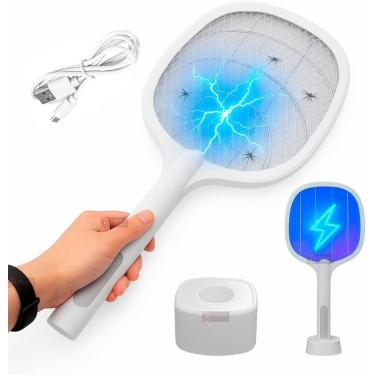 Imagem de Raquete Elétrica 2 em 1 Mata Mosquito com Luz UV, Bateria Recarregável 2000mAh, Branco, 55x22x8 cm, Silenciosa, Base Inclusa