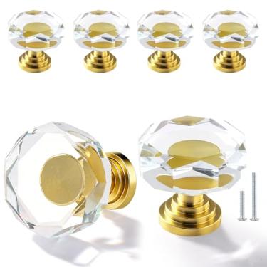 Imagem de POZEAN Puxadores de gaveta de armário de vidro cristal, pacote com 6 maçanetas de cômoda de cristal dourado, alças de polígono de 3,5 cm com parafusos para armário de cozinha moderno, quarto e