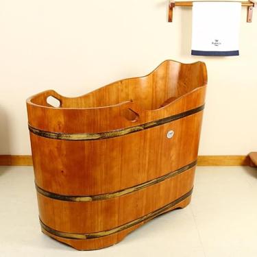 Imagem de Banheira de imersão de madeira de carvalho maciço premium para adultos – Banheira de imersão profunda oval longa independente com mangueira de drenagem de banco e válvula pop-up – Barril de banheira