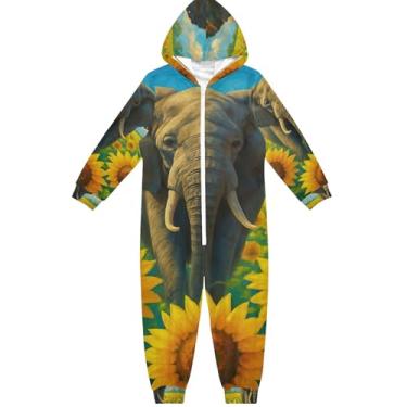 Imagem de TSENQUE Macacão vintage de elefante de girassol para meninas, fantasia de uma peça, estampada, roupa casual infantil para adolescentes, Elefante vintage girassol, 7-8 Anos