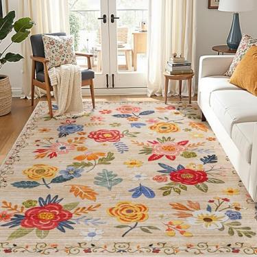 Imagem de RIMAYA Tapete de área lavável à máquina de 1,5 x 2,1 m, tapetes grandes ultra macios de 213 x 152 cm com suporte antiderrapante e encadernação de borda durável, tapete floral fofo de pelo baixo para