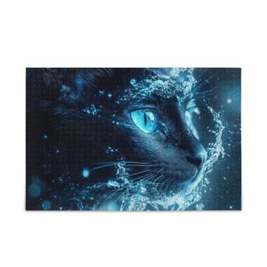 Imagem de 1000 peças de quebra-cabeças de gato brilhante azul preto, quebra-cabeça composto de papel e madeira para adultos com bolsa de armazenamento