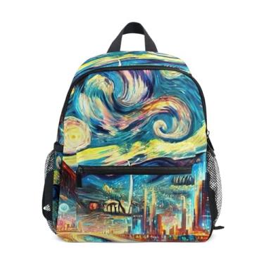 Imagem de Starry Night Cityscape Simple Modern Kids Backpack with Whistle, 2 Bottle Pockets, Lightweight, Backpacks for Preschool 10x4x12 In, for Ages 3-8