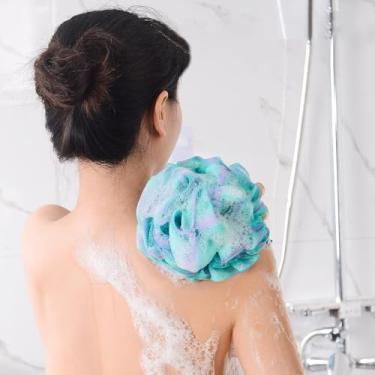 Imagem de Esponja de bucha de banho, esponja de banho esfoliante, conjunto de 4 cores de flores (grande, verde-roxo)