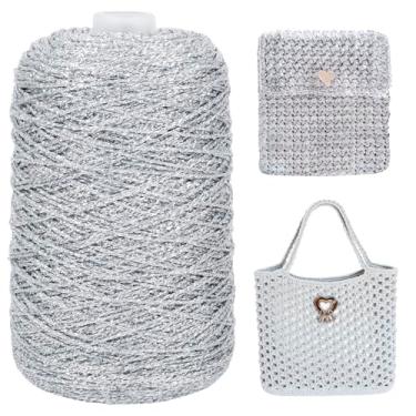 Imagem de JeogYong Cordão de macramê metálico de 2 mm x 1093 metros, fio de glitter prateado para sacos de crochê, fio de macramê brilhante para pingentes de crochê, decoração de casa, artesanato DIY
