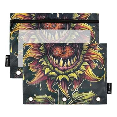 Imagem de GAIGEO Horror Girassol Engraçado 3 Anéis Pasta Lápis Bolsa com Zíper Pasta de Lápis Meninos Fichários Escolares Bolsos Transparentes 25 cm x 18 cm, 2 Pacotes
