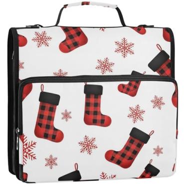 Imagem de Organizador de fichário vermelho preto quadriculado de Natal branco com 3 anéis de 3 anéis, bolsa de fichário para ensino médio com alça para portfólio para 500 folhas, 34,5 x 31,5 x 9 cm
