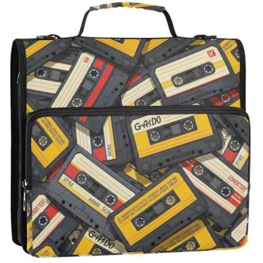 Imagem de Fitas cassete retrô com 3 argolas para fichários de 3,5 cm D com zíper, bolsa organizadora para fichários escolares com alça de ombro, portfólio e estojo para pasta de anel, 34,5 x 31,5 x 9 cm
