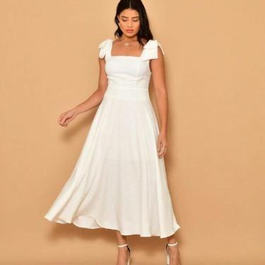 Imagem de Vestido midi luxo liso duna linho com laço na ombr - Helena, Branco, U
