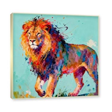 Imagem de NHLDZYH Moldura dourada. Quadro abstrato de leão - arte moderna com salpicos de cor vibrante - arte de parede energética para casa, escritório ou negócios - tela decorativa. A22. 80 x 80 cm.