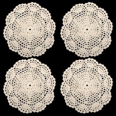 Imagem de 4 peças de toalhas de crochê para mesas de 20 cm bege vintage crochê porta-copos redondos de renda para mesas porta-copos de renda para cozinha, sala de jantar, decoração de festa
