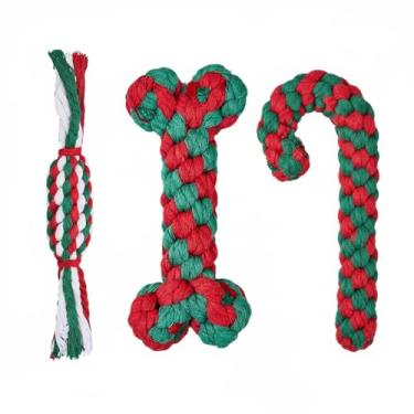 Imagem de wanhaoshangmao Pacote com 3 brinquedos de corda para cães, brinquedos de mastigar trançados de algodão para cães pequenos e médios, vermelho e verde, formas de bengala doce de osso, brincadeiras