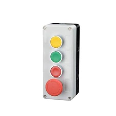 Imagem de HSPTR Novo botão de metal XB2 caixa de controle Start Stop Símbolo de identificação industrial auto reset interruptor de parada circular de emergência (4Hole-02)