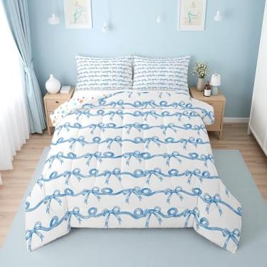 Imagem de Erosebridal Jogo de cama casal de gravata borboleta azul para meninas, conjunto de edredom com laço de fita coquete para crianças, adolescentes, colcha listrada azul e branca, linda gravata borboleta