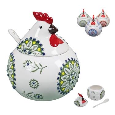 Imagem de Kingwi Saleiro de cerâmica com tampa e colher, pote grande de sal de frango de 368 g, suporte de sal para balcão, café, açúcar, especiarias e doces, recipientes de sal para bancada (verde)