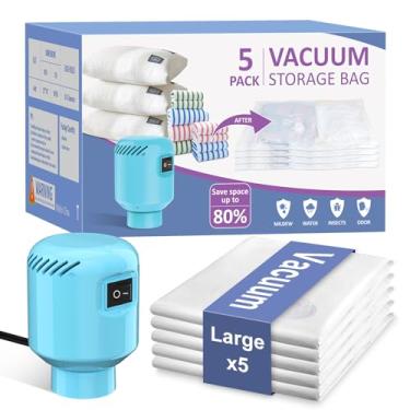 Imagem de Sacos de armazenamento a vácuo com bomba elétrica, pacote com 5 sacos de vedação a vácuo para roupas, sacos de armazenamento a vácuo economizadores de espaço para cobertores e edredons, sacos de vácuo