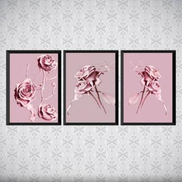 Imagem de Kit 3 Quadros Flores Rosas Tinta 45X34Cm - Com Vidro