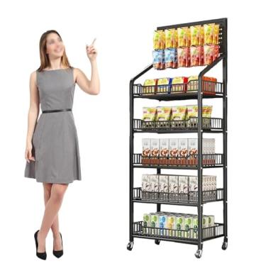 Imagem de Carrinho de prateleira de exibição de batata doce resistente, suporte organizador de lanche de metal comercial de 5 camadas para supermercado comercial casa cozinha loja de conveniência, prateleira de