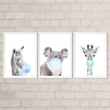 Imagem de Kit 3 Quadros Bichinhos Chicletes Azul 45X34Cm