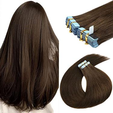 Imagem de Extensões de cabelo com fita adesiva de 40,64 cm, extensões de cabelo humano invisíveis para mulheres, 20 peças/50 g, trama de pele sem costura, nº 4, marrom chocolate, fita de extensão de cabelo real