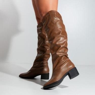 Imagem de Bota Feminina Slouch Leticia Cano Franzido, Bico Redondo, Salto Grosso Not-me-Feminino