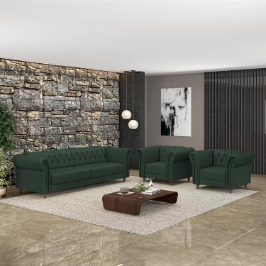 Imagem de Conjunto Sala de Estar 1 Sofá Living 180cm e 2 Poltronas Stanford Chesterfield Pés Madeira Couro Verde G58 - Gran Belo