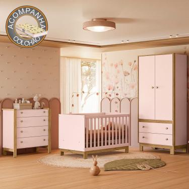 Imagem de Quarto de Bebê Completo com Berço Slim Cômoda e Roupeiro Flora Rosa Qmovi + Colchão Gazin