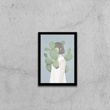 Imagem de Quadro Menina Com Cactos 45X34Cm - Com Vidro Moldura Preta