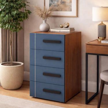 Imagem de Gaveteiro Lisboa 4 Gavetas Azul/Freijó - Politorno