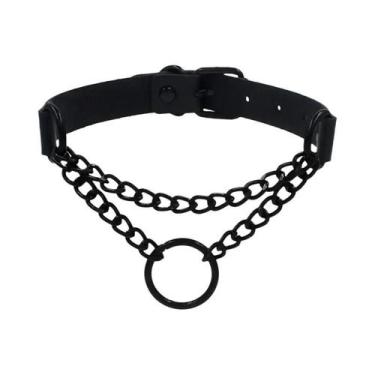 Imagem de Colar Gótico Feminino Preto De Couro Punk Com Coração, Cadeado E Espin