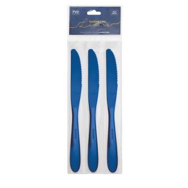 Imagem de Kit 3 Facas de Mesa Azul Aço Inox Restaurante Cozinha Gourmet Mix