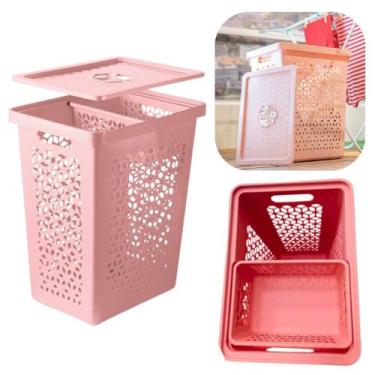 Imagem de Cesto de Roupas Multiuso 55L + Cesto Interno 6L com Tampa Rosa Uz Idea