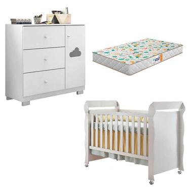 Imagem de Berço Americano Mirelle e Cômoda Infantil Ane Branco Brilho com Colchão Gazin – Phoenix Baby