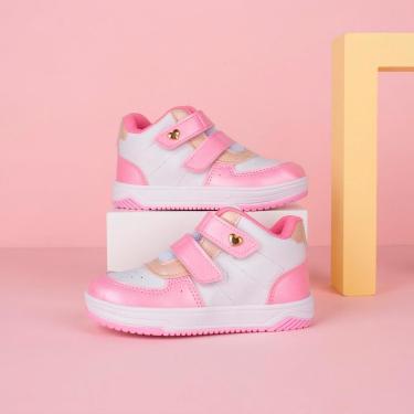 Imagem de Tênis Infantil Menina Kidy Happy Rosa e Branco com Velcro Confortável e Delicado-Feminino