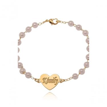Imagem de Pulseira Floratta Joias de Pérolas com Coração e Nome Gravado Folheada em Ouro 18K Dourado Feminina