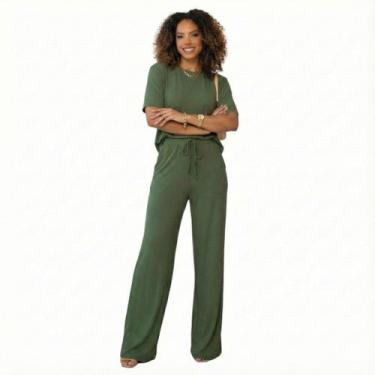 Imagem de Conjunto Feminino Blusa Manga Curta e Calça Pantalona Moletinho Liso -