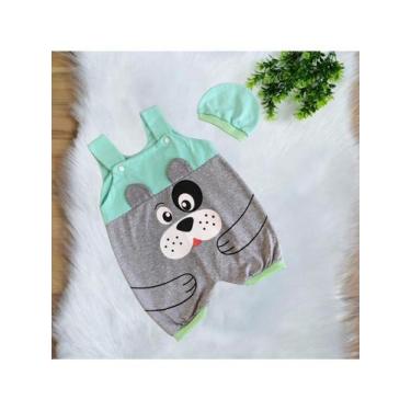 Imagem de Conjunto Macacão Jardineira + Touca  Bebê Menino Estampa de Cachorrinh