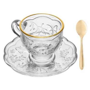Imagem de Jogo 6 Xícaras 80ml com Pires Vidro e 6 Colheres de Café Chá Inox Dour
