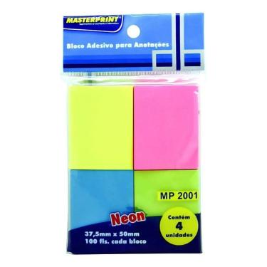 Imagem de Bloco Adesivo para Anotacoes MP-2001 Papel 37.5X50MM Kit 4 Unidades 400 Folhas Neon