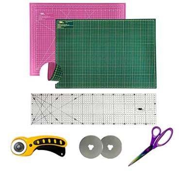 Imagem de Kit com Base Para Corte Verde e Rosa 60x45 Tesoura de Titânio Multiuso Cortador Circular 45mm ou 60mm 2 Discos Reservas (Cortador Amarelo 45mm)