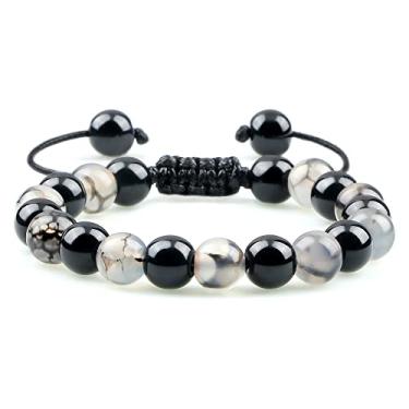 Imagem de Pulseiras de contas masculinas olho de tigre pedra natural ônix contas casal pulseiras de distância joias femininas - padrão de dragão preto, Cristal