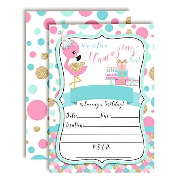 Imagem de Convites de festa de aniversário Flamazing Pink Aqua & Gold Glitter Polka Dot Flamingo para meninas, 20 5" x 7" Preencha cartões com vinte envelopes brancos da AmandaCreation
