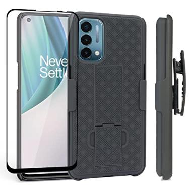 Imagem de Ailiber Compatível com capa OnePlus Nord N200 5G, coldre OnePlus Nord N200 com protetor de tela, clipe de cinto giratório, suporte de suporte, capa deslizante fina à prova de choque para 1 + Nord N200 5G-preto