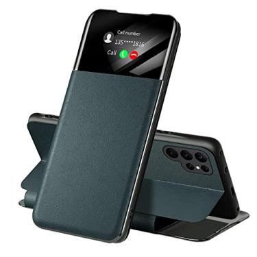 Imagem de KVIBEO Capa flip para Samsung Galaxy S22/S22 Plus/S22 Ultra, capa de couro S View Tap Control Smart Wake-Up Livro Magnético Folio Kickstand Capa de telefone protetora (Cor: Verde, Tamanho: S22 6.1")