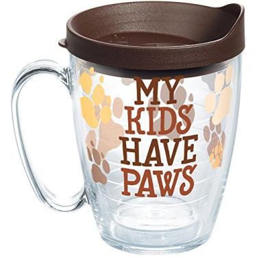 Imagem de Tervis Copo de viagem My Kids Have Paws Made in USA com isolamento térmico de parede dupla mantém as bebidas frias e quentes, caneca de 473 ml com alça, transparente