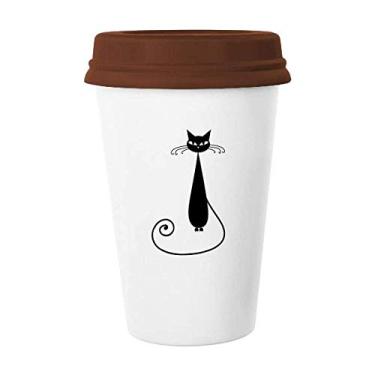 Imagem de Contorno de arte de animal preto amantes de gatos Caneca de Halloween Copo de cerâmica Tampa de copo de cerâmica