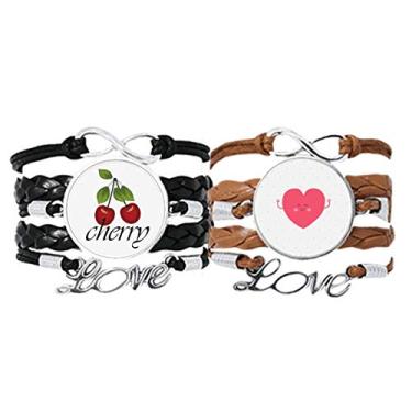 Imagem de Pulseira de coração rosa para dia dos namorados, pulseira de couro com cordão de couro cereja, conjunto duplo